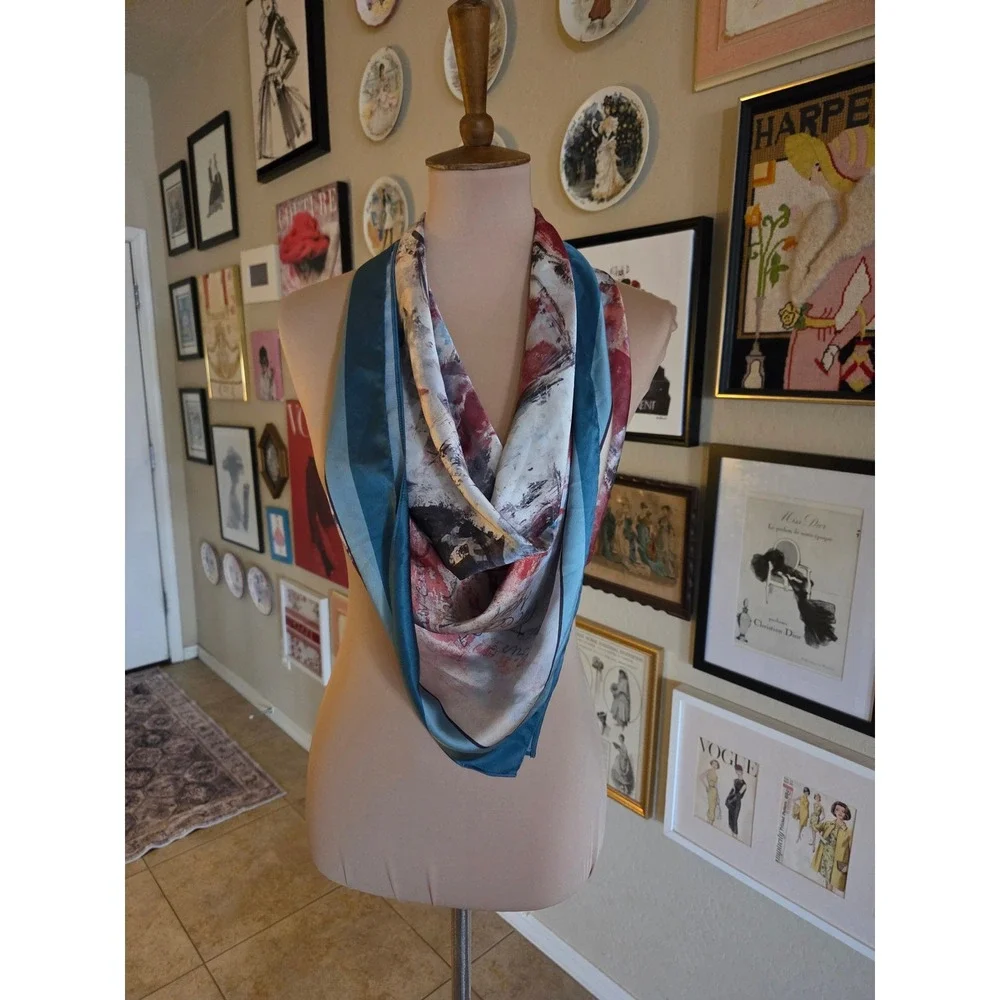 Vintage Equestrian Print Silk Square Scarf Teal Burgundy French Inscription